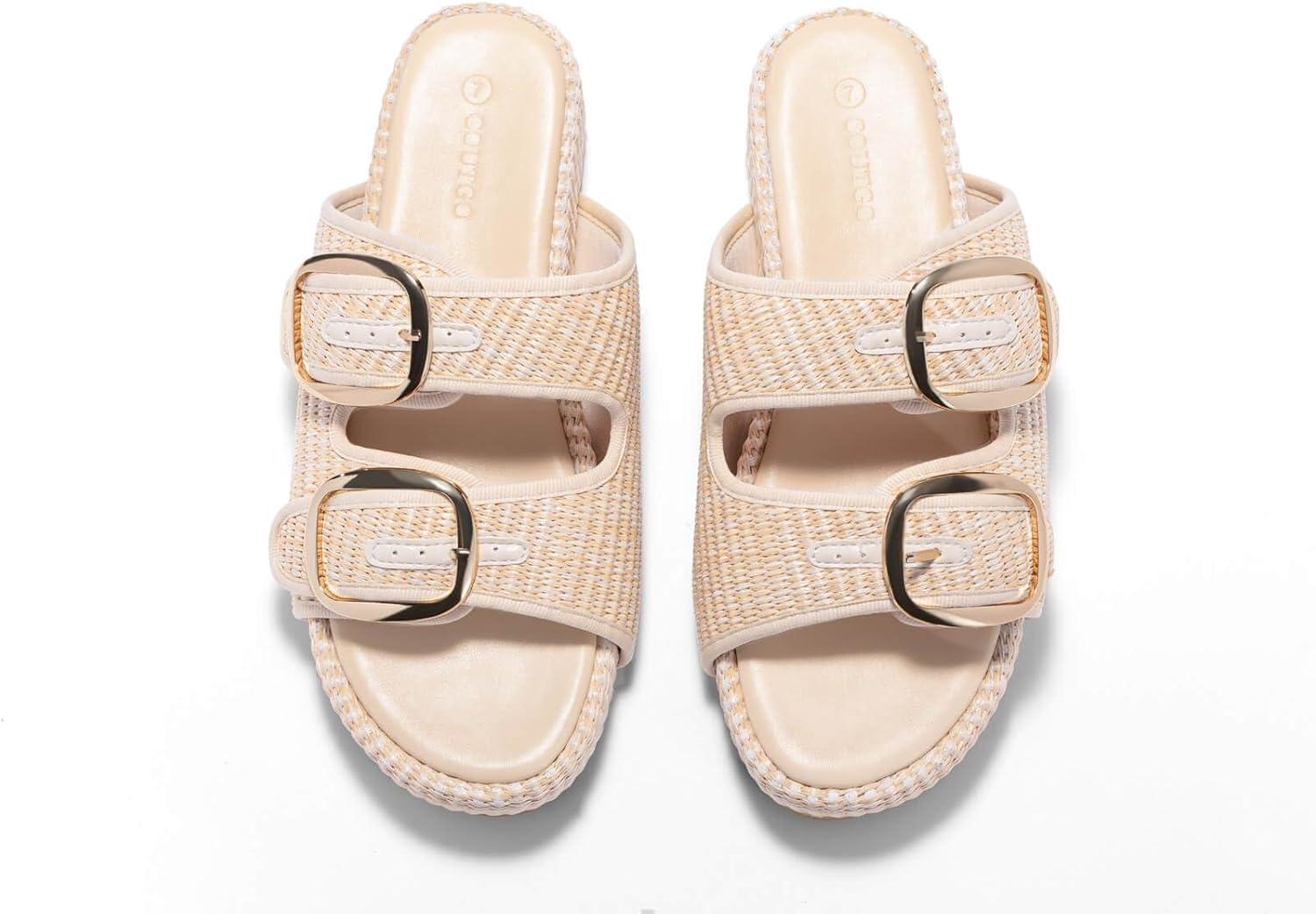 image:imageCoutgo Womens Platform Sandals Raffia Espadrilles Two Band Open Toe Slip On Slides Beach Vacation ShoesBeige
