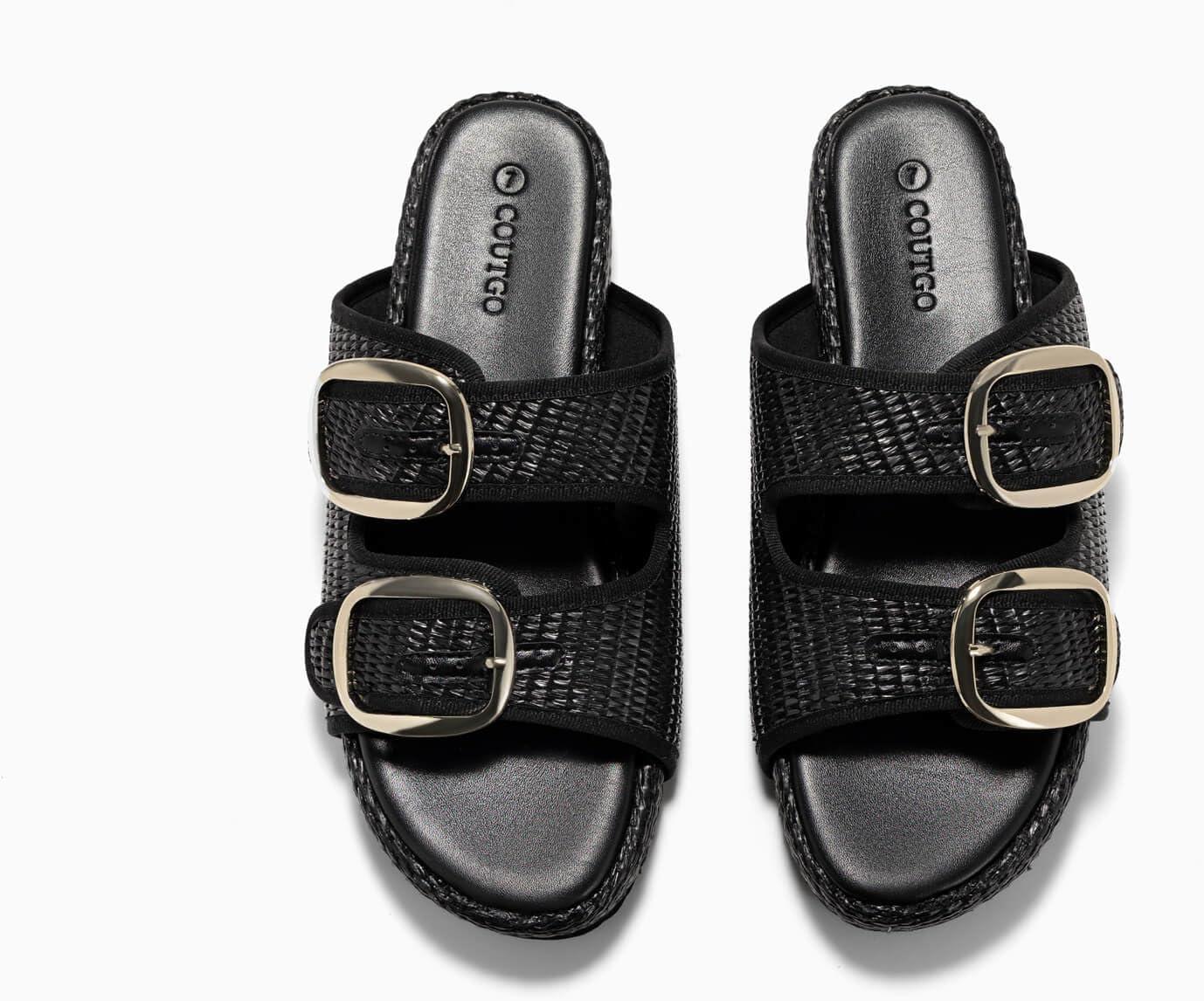image:imageCoutgo Womens Platform Sandals Raffia Espadrilles Two Band Open Toe Slip On Slides Beach Vacation ShoesBlack