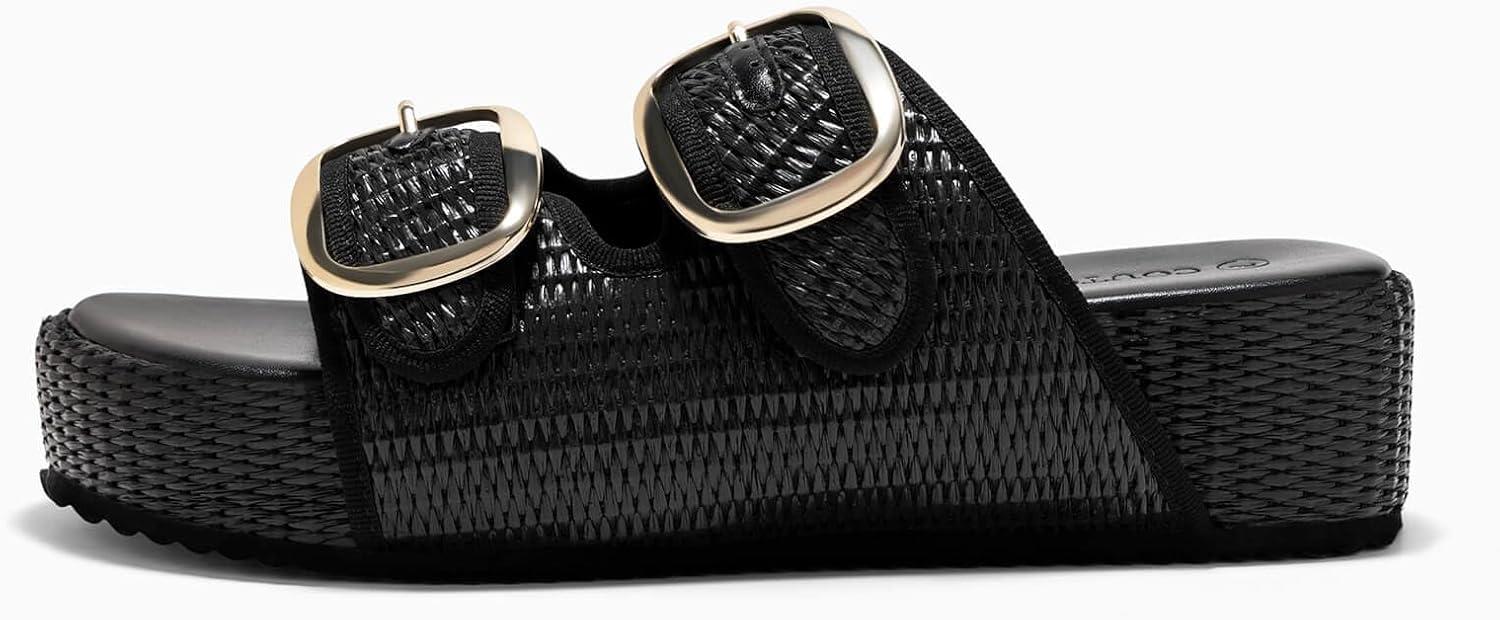 image:imageCoutgo Womens Platform Sandals Raffia Espadrilles Two Band Open Toe Slip On Slides Beach Vacation ShoesBlack