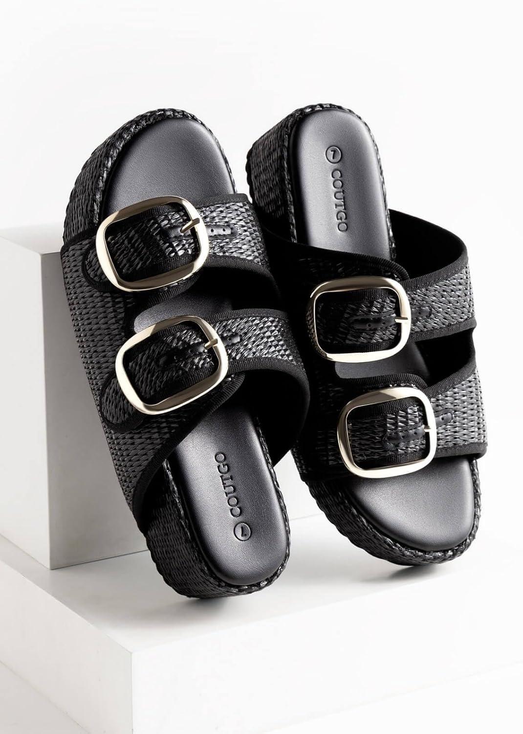 image:imageCoutgo Womens Platform Sandals Raffia Espadrilles Two Band Open Toe Slip On Slides Beach Vacation ShoesBlack