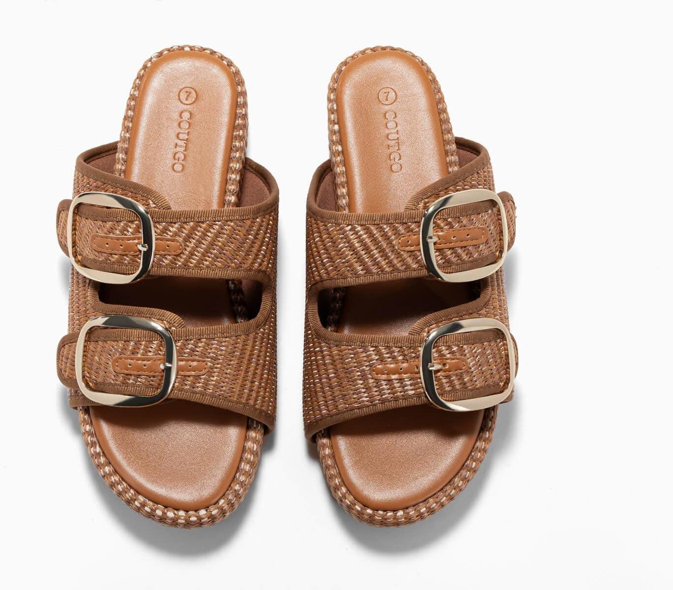 image:imageCoutgo Womens Platform Sandals Raffia Espadrilles Two Band Open Toe Slip On Slides Beach Vacation ShoesBrown
