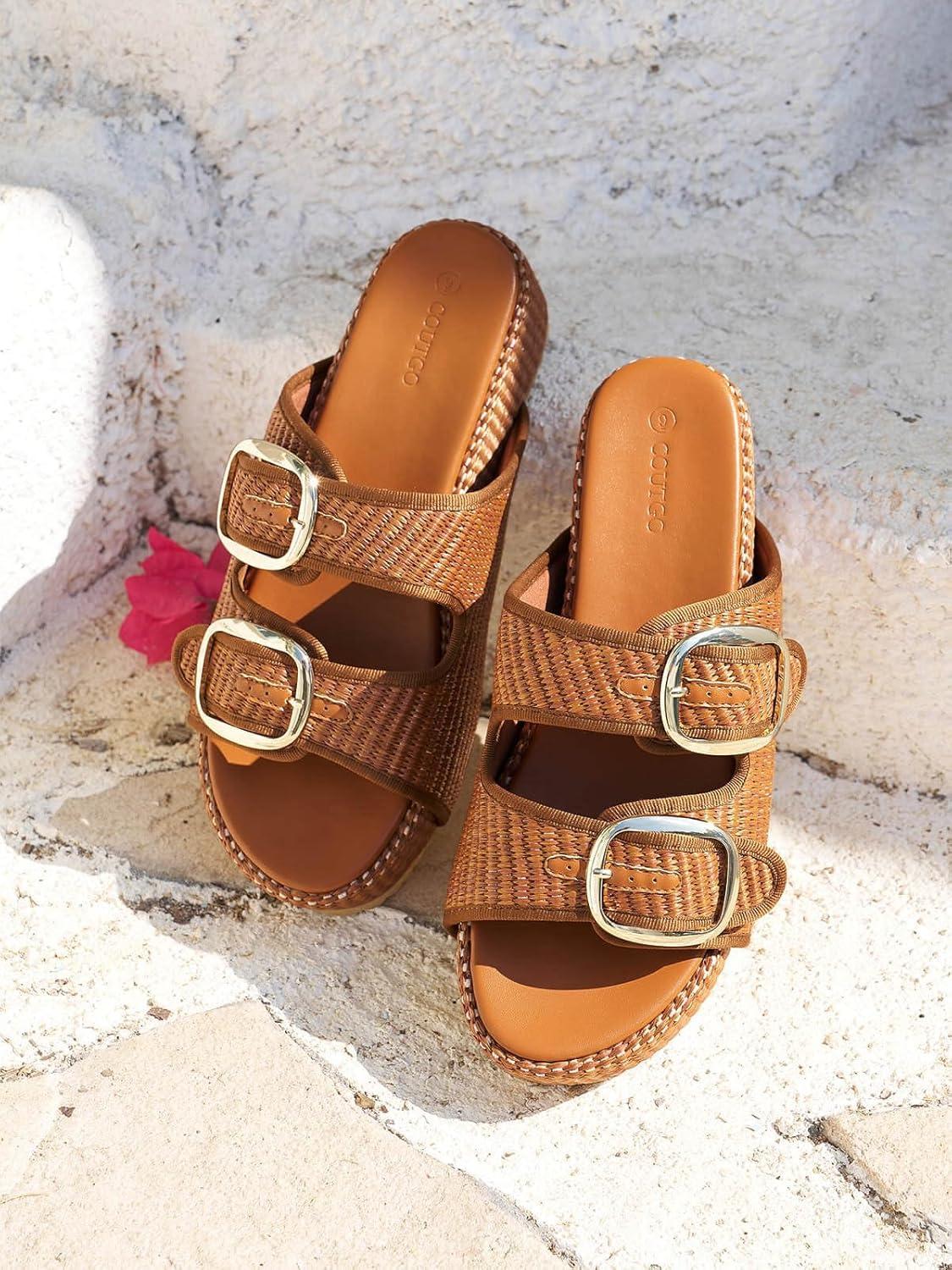 image:imageCoutgo Womens Platform Sandals Raffia Espadrilles Two Band Open Toe Slip On Slides Beach Vacation ShoesBrown