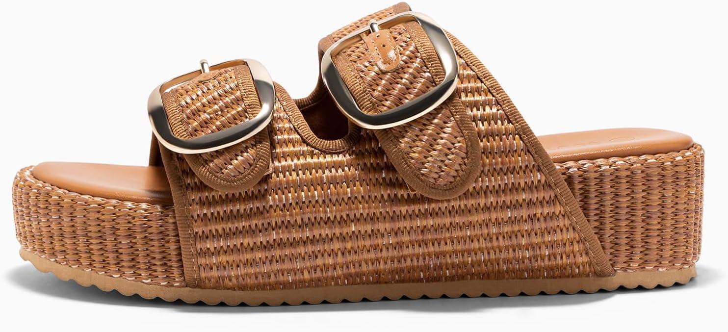 image:imageCoutgo Womens Platform Sandals Raffia Espadrilles Two Band Open Toe Slip On Slides Beach Vacation ShoesBrown
