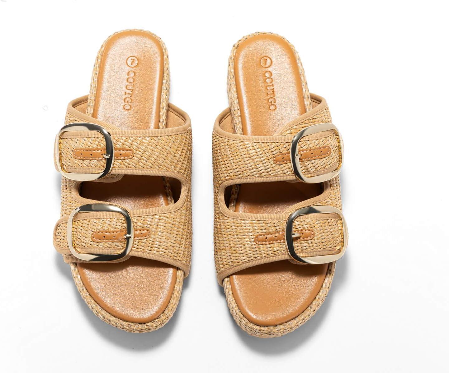 image:imageCoutgo Womens Platform Sandals Raffia Espadrilles Two Band Open Toe Slip On Slides Beach Vacation ShoesKhaki