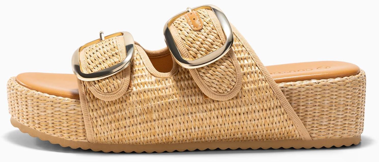 image:imageCoutgo Womens Platform Sandals Raffia Espadrilles Two Band Open Toe Slip On Slides Beach Vacation ShoesKhaki