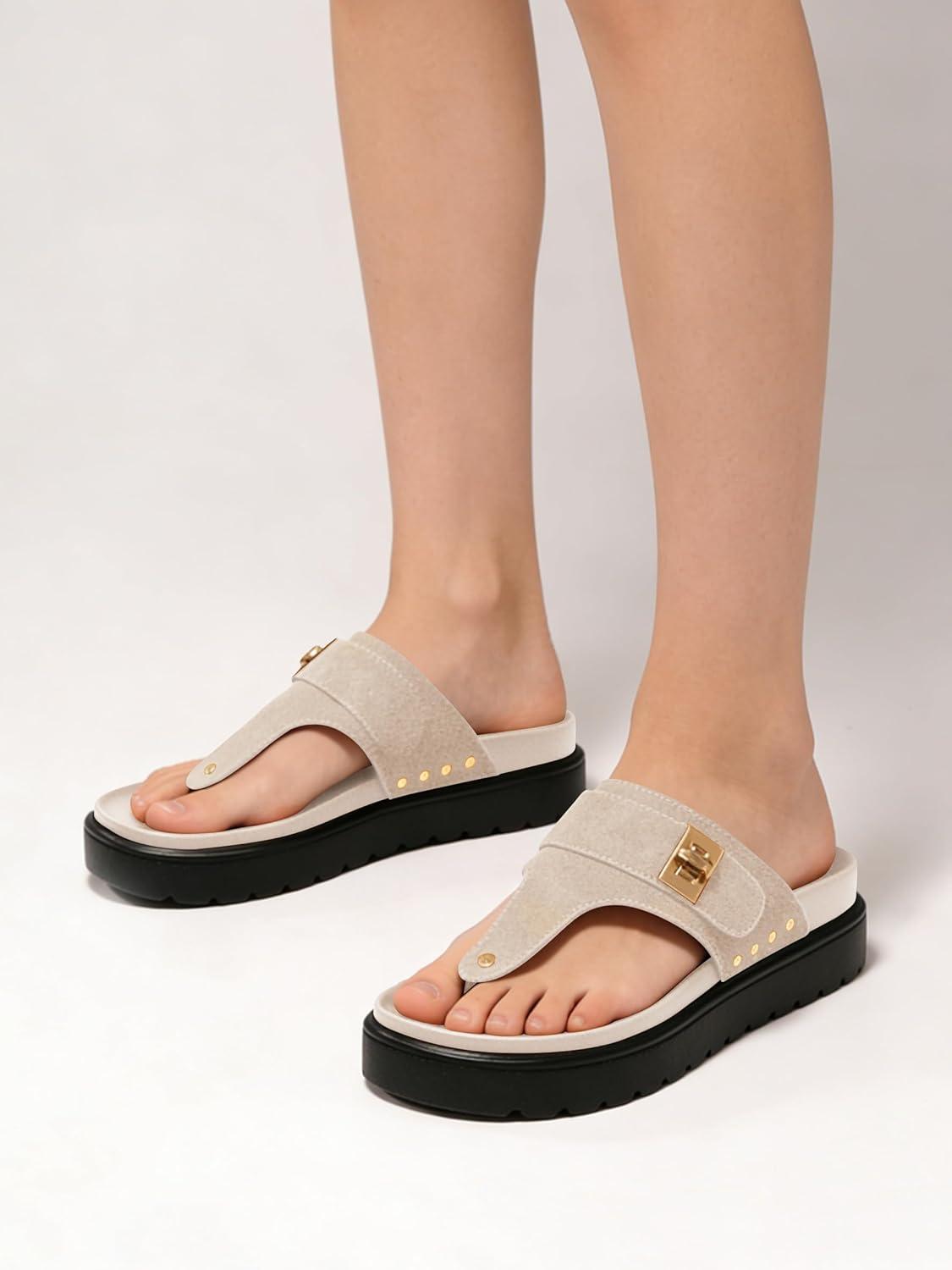image:imageCoutgo Womens Platform Thong Sandals Open Toe Flip Flops Slip On Slides Summer Beach ShoesBeige