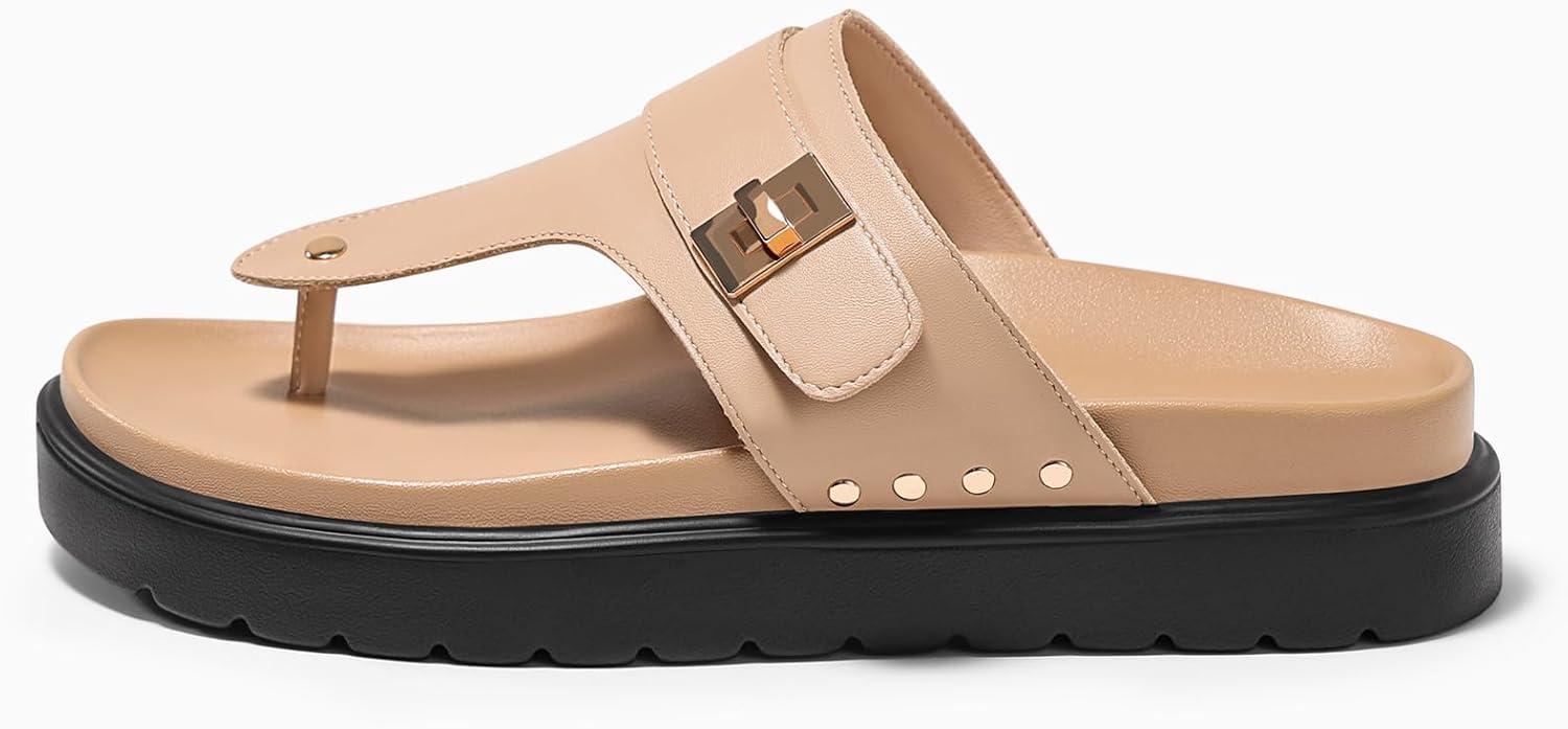 image:imageCoutgo Womens Platform Thong Sandals Open Toe Flip Flops Slip On Slides Summer Beach ShoesKhaki Leather