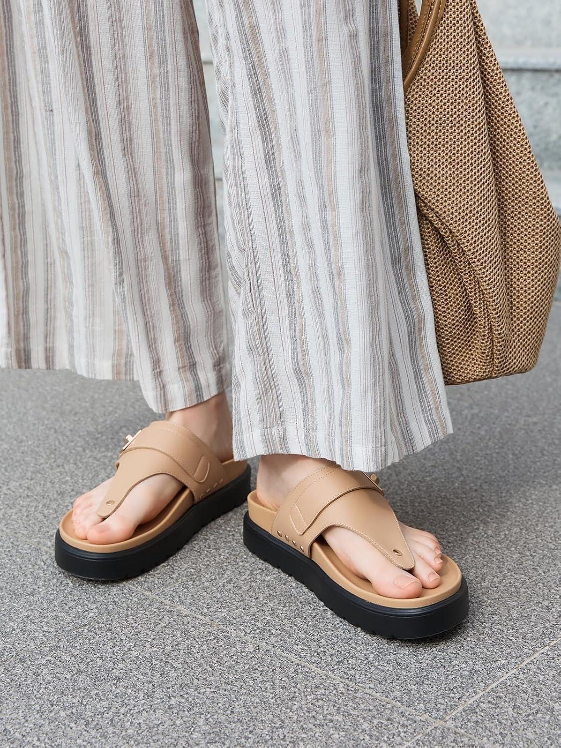 image:imageCoutgo Womens Platform Thong Sandals Open Toe Flip Flops Slip On Slides Summer Beach ShoesKhaki Leather