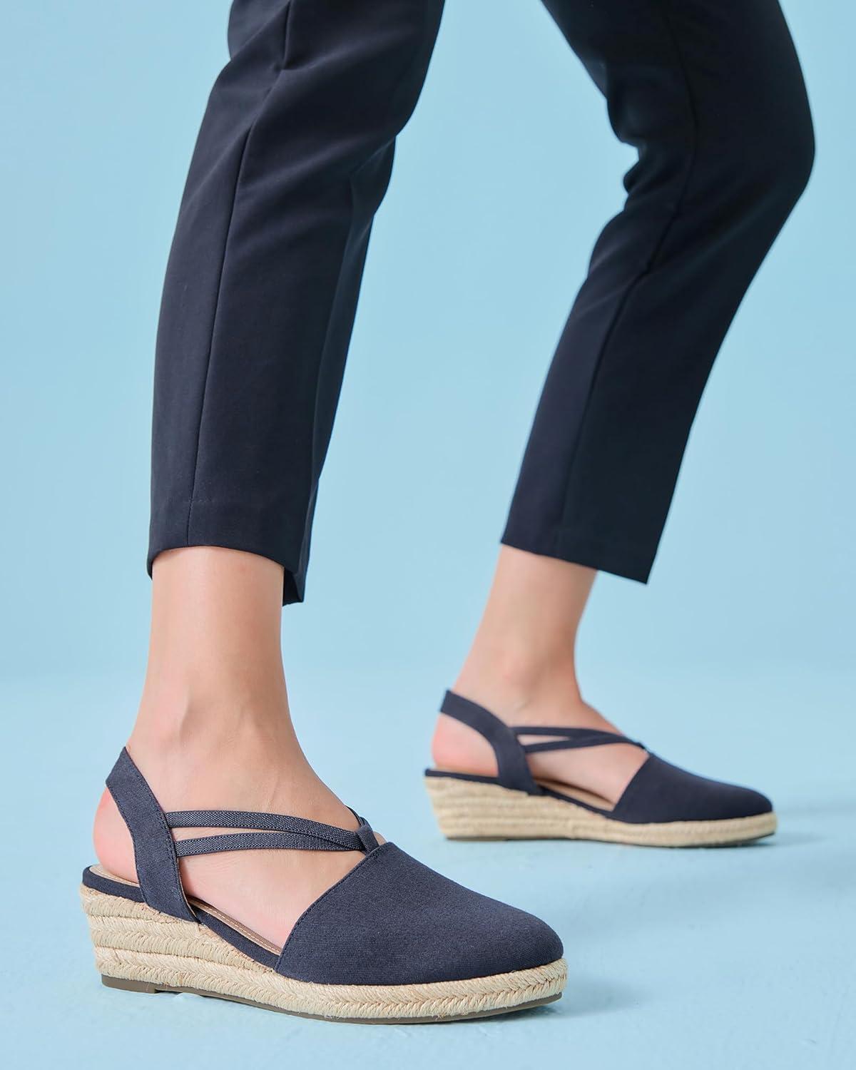 image:imageCoutgo Womens Platform Wedge Espadrille Sandals Slingback Slip on Closed Toe Strap Shoes Navy Size 11