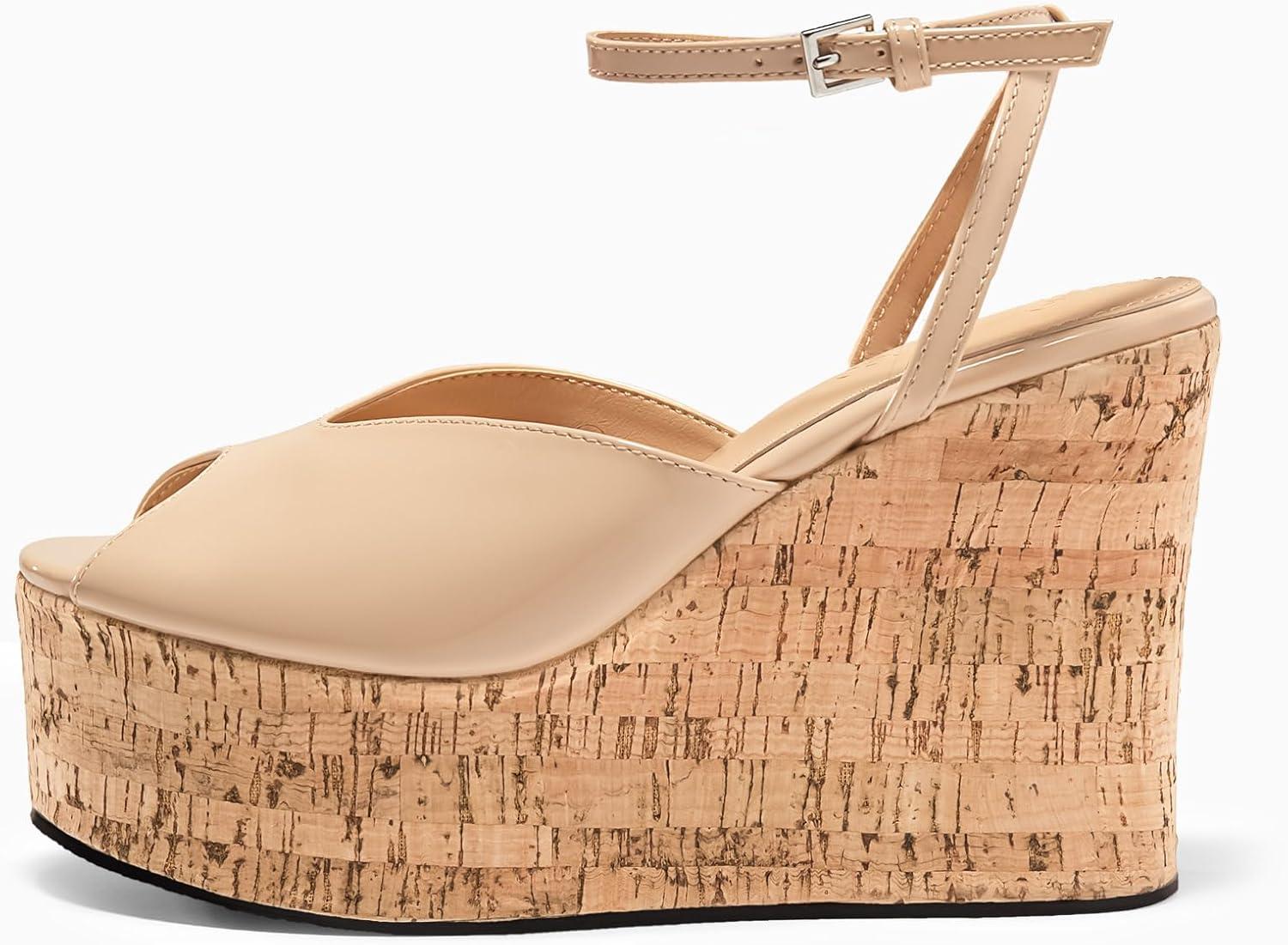 image:imageCoutgo Womens Platform Wedge Peep Toe SandalsKhaki
