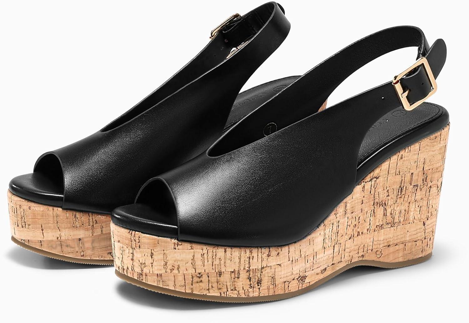 image:imageCoutgo Womens Platform Wedge Sandals Open Peep Toe Slingback Cork High Heels Summer Beach ShoesBlack
