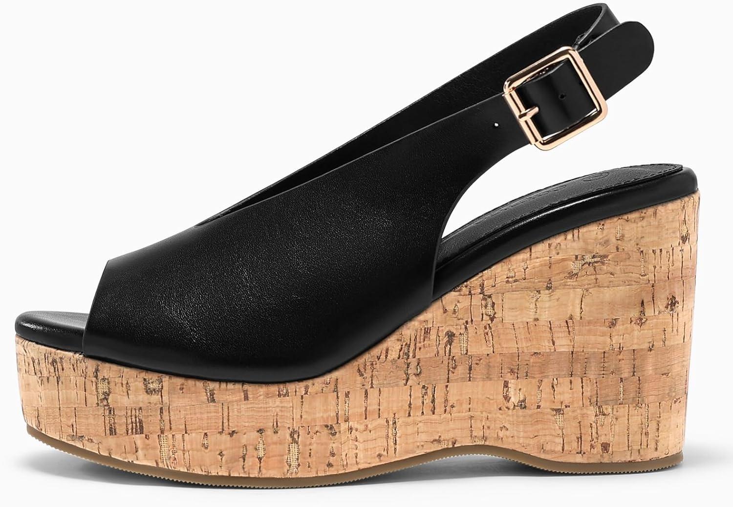 image:imageCoutgo Womens Platform Wedge Sandals Open Peep Toe Slingback Cork High Heels Summer Beach ShoesBlack