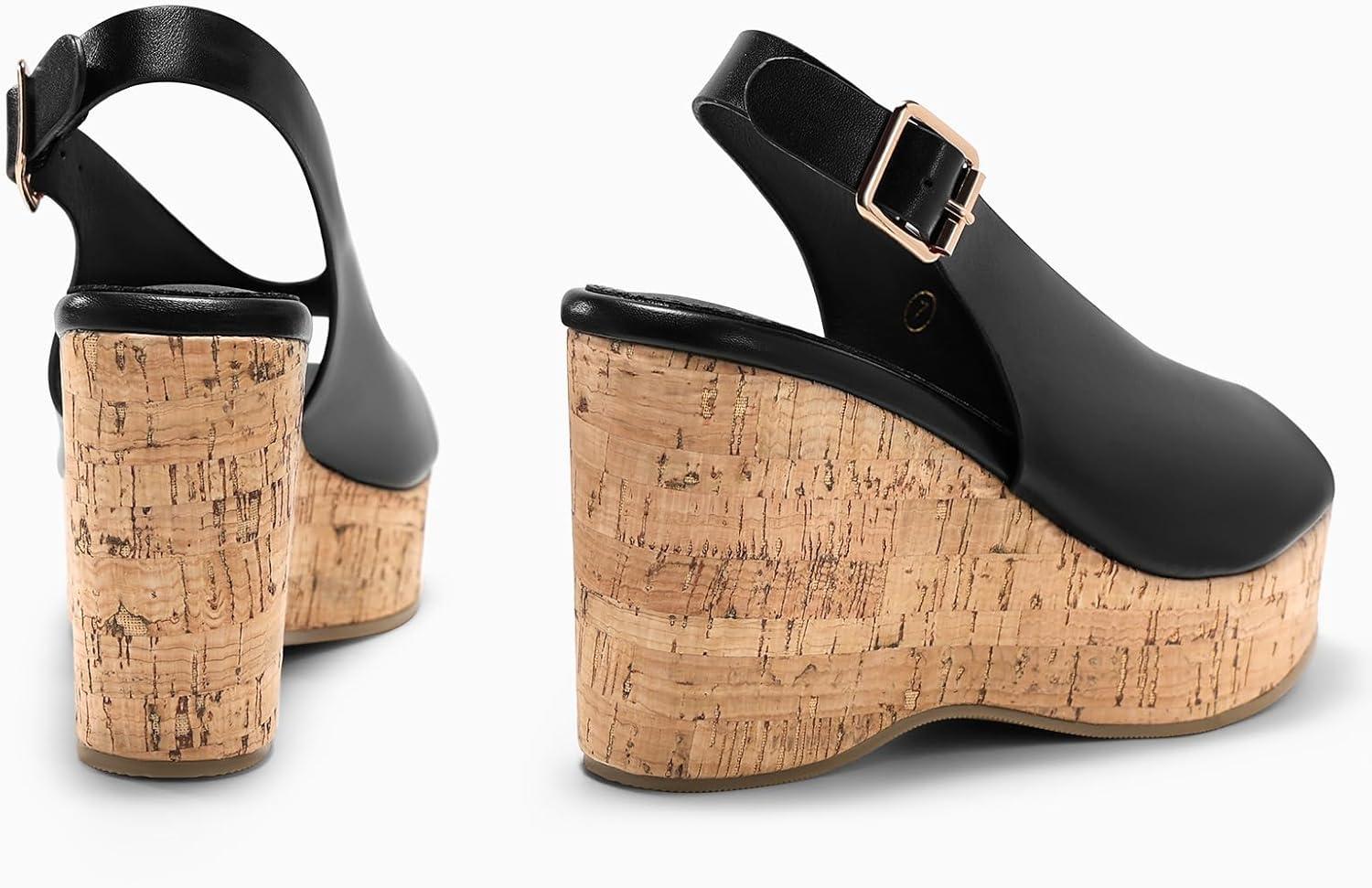 image:imageCoutgo Womens Platform Wedge Sandals Open Peep Toe Slingback Cork High Heels Summer Beach ShoesBlack