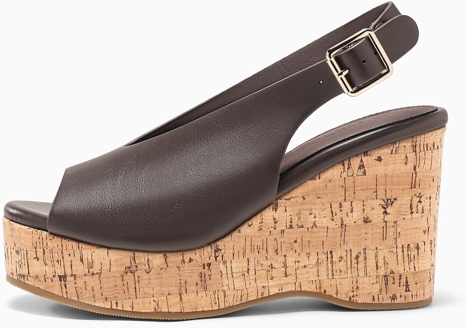 image:imageCoutgo Womens Platform Wedge Sandals Open Peep Toe Slingback Cork High Heels Summer Beach ShoesChocolate