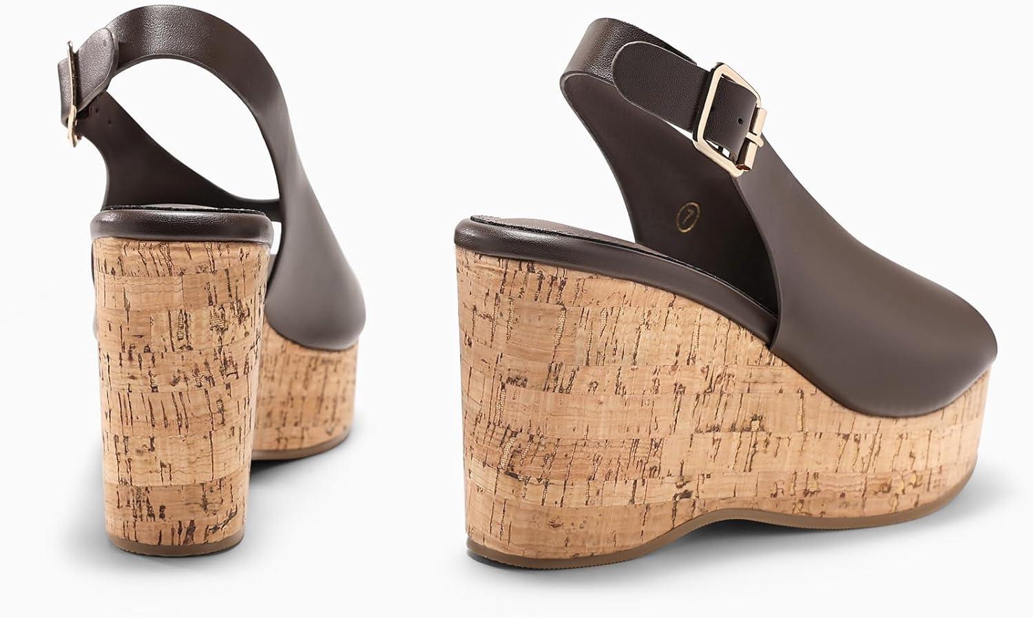 image:imageCoutgo Womens Platform Wedge Sandals Open Peep Toe Slingback Cork High Heels Summer Beach ShoesChocolate