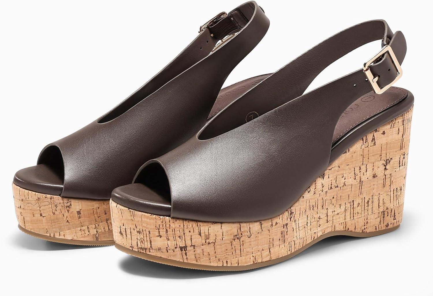 image:imageCoutgo Womens Platform Wedge Sandals Open Peep Toe Slingback Cork High Heels Summer Beach ShoesChocolate