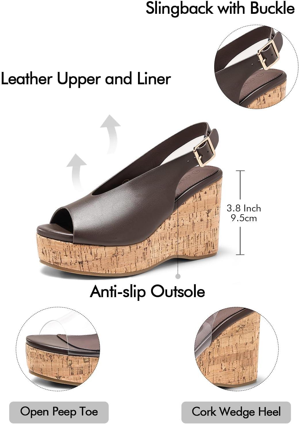image:imageCoutgo Womens Platform Wedge Sandals Open Peep Toe Slingback Cork High Heels Summer Beach ShoesChocolate