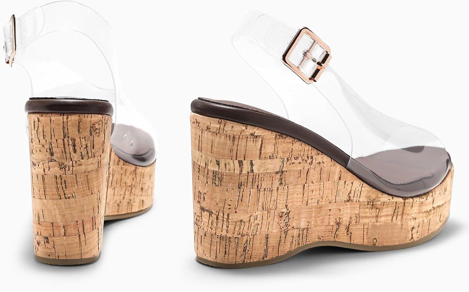 image:imageCoutgo Womens Platform Wedge Sandals Open Peep Toe Slingback Cork High Heels Summer Beach ShoesClear