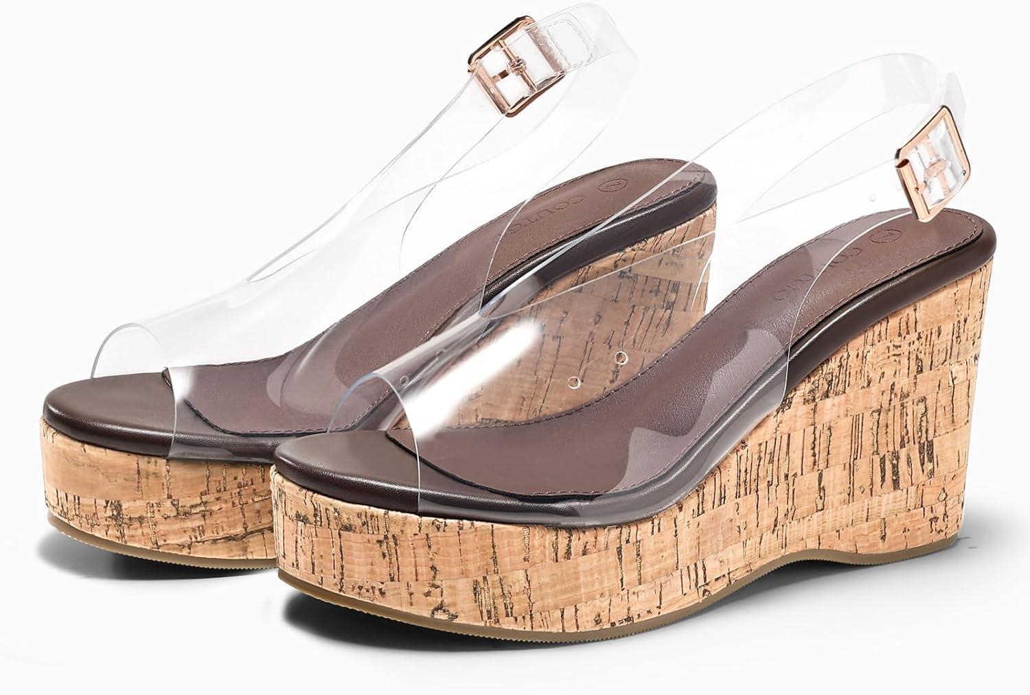 image:imageCoutgo Womens Platform Wedge Sandals Open Peep Toe Slingback Cork High Heels Summer Beach ShoesClear