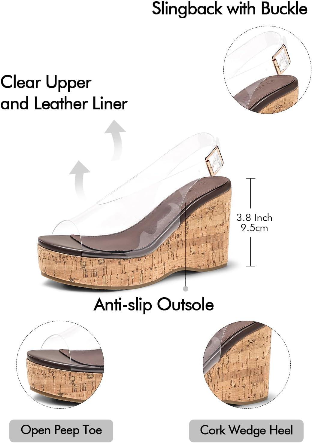 image:imageCoutgo Womens Platform Wedge Sandals Open Peep Toe Slingback Cork High Heels Summer Beach ShoesClear