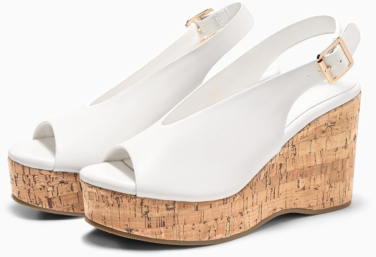 image:imageCoutgo Womens Platform Wedge Sandals Open Peep Toe Slingback Cork High Heels Summer Beach ShoesWhite