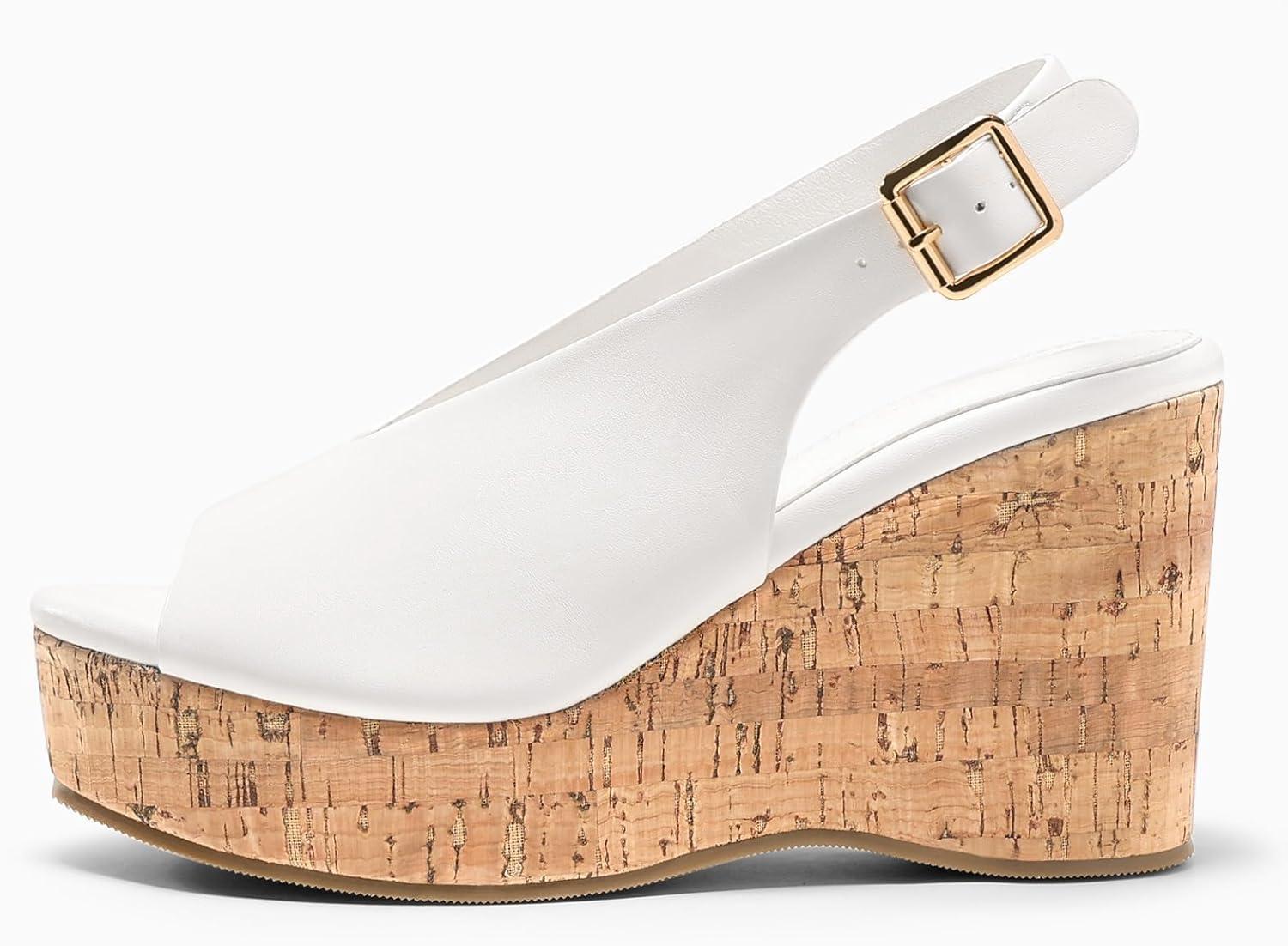 image:imageCoutgo Womens Platform Wedge Sandals Open Peep Toe Slingback Cork High Heels Summer Beach ShoesWhite
