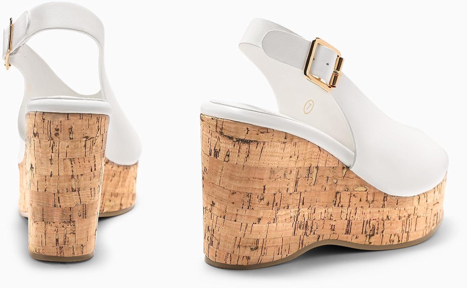 image:imageCoutgo Womens Platform Wedge Sandals Open Peep Toe Slingback Cork High Heels Summer Beach ShoesWhite