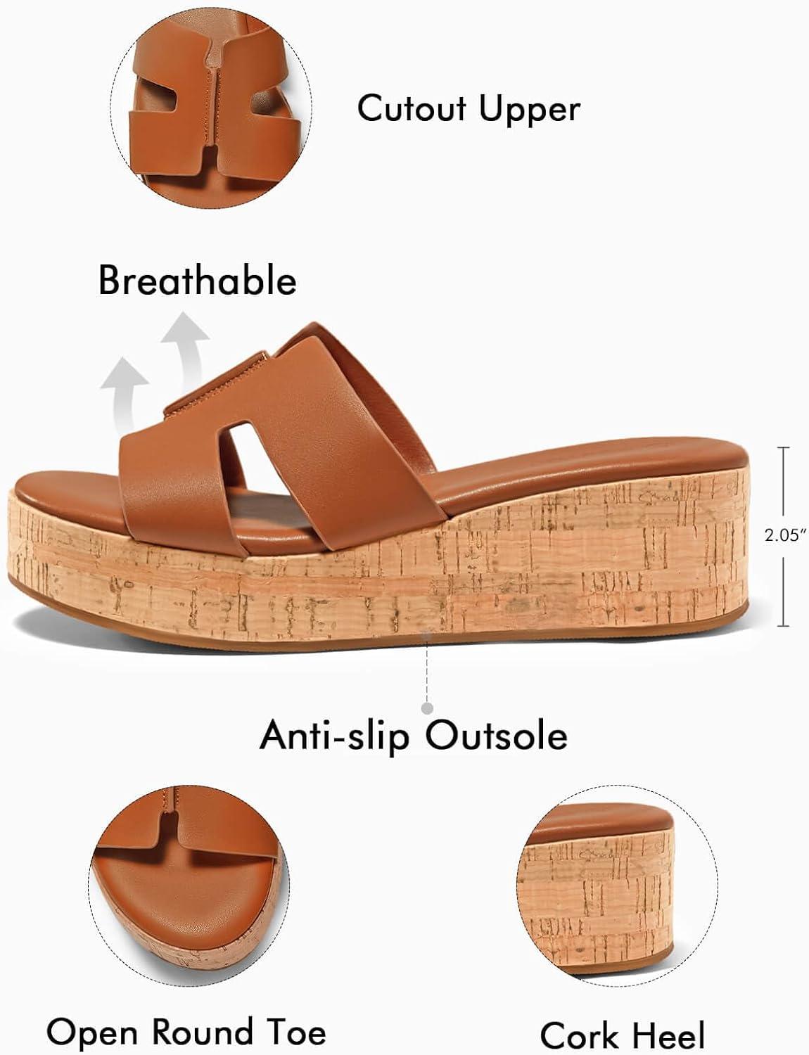 image:imageCoutgo Womens Platform Wedge Sandals Open Toe Slip On Slides Cork Heeled Cutout Comfortable Summer Shoes Brown Size 8