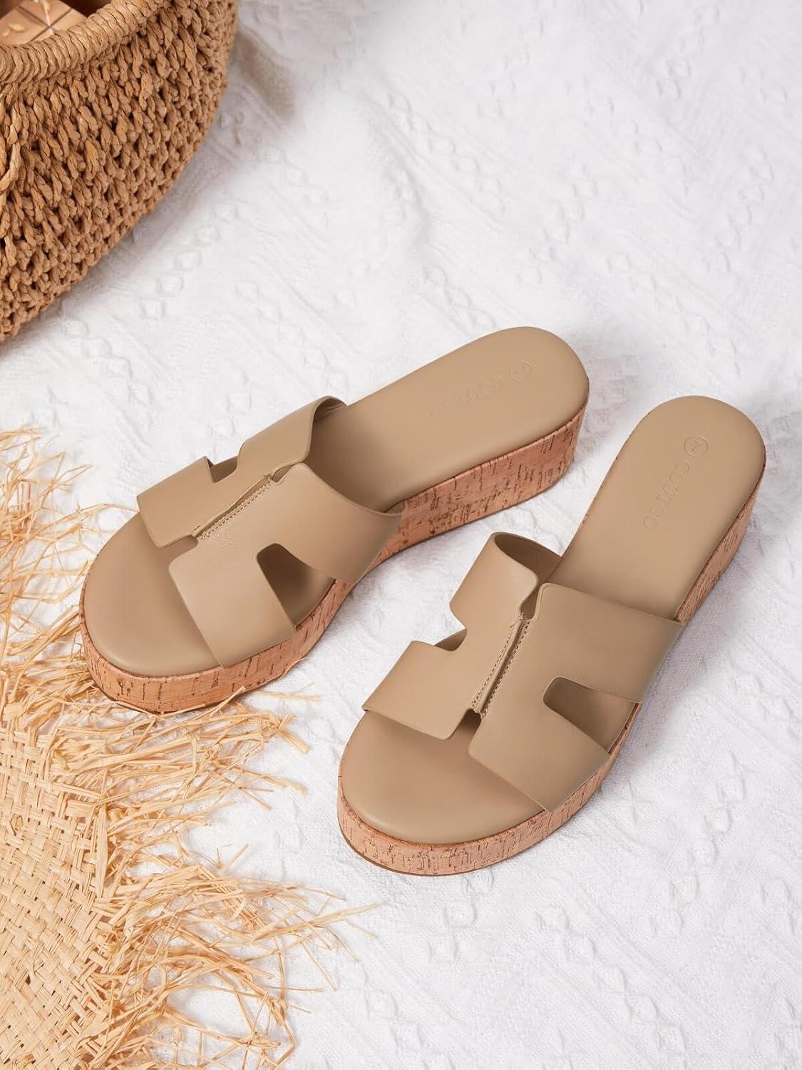 image:imageCoutgo Womens Platform Wedge Sandals Open Toe Slip On Slides Cork Heeled Cutout Comfortable Summer Shoes Khaki Size 85