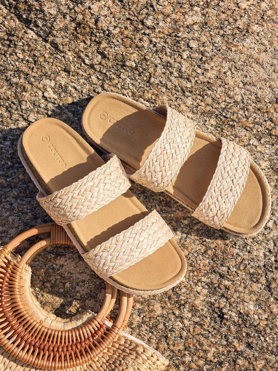 image:imageCoutgo Womens Slides Sandals Open Toe Slip On Platform Sandals Footbed Summer Beach ShoesApricot