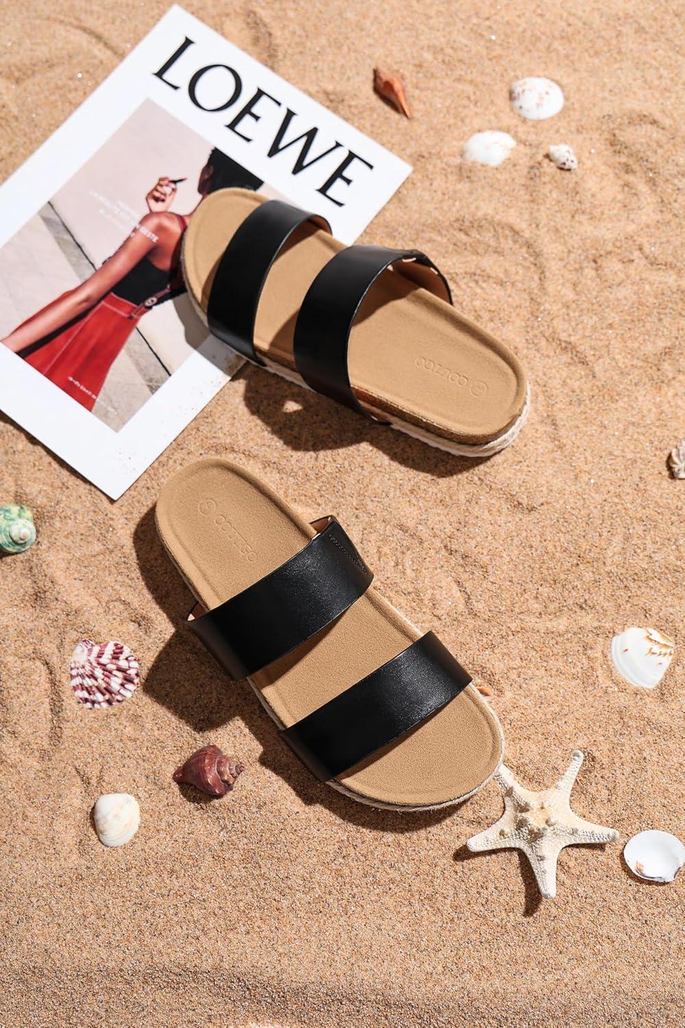 image:imageCoutgo Womens Slides Sandals Open Toe Slip On Platform Sandals Footbed Summer Beach ShoesBlack