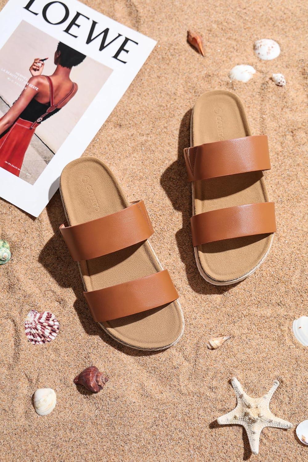 image:imageCoutgo Womens Slides Sandals Open Toe Slip On Platform Sandals Footbed Summer Beach ShoesBrown