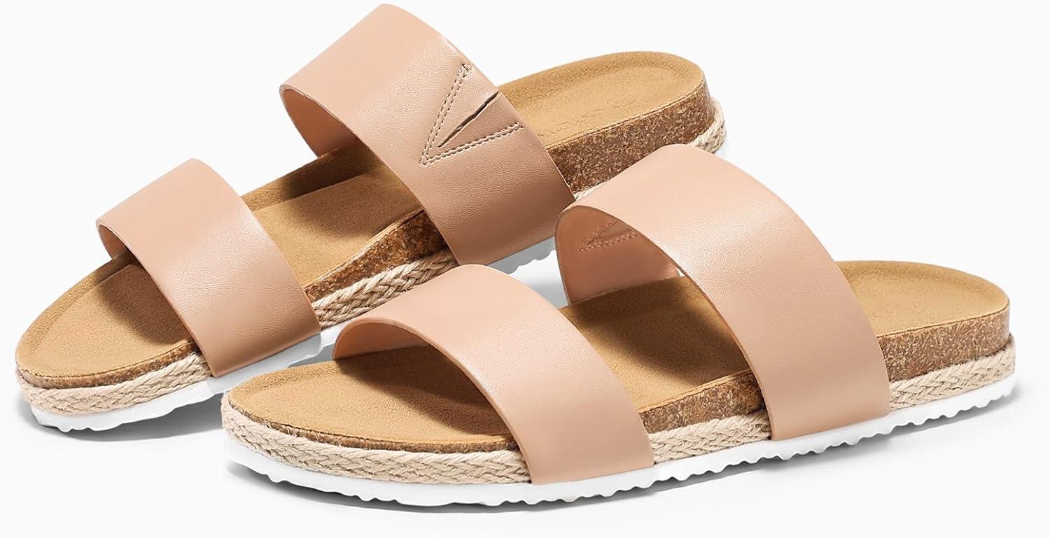 image:imageCoutgo Womens Slides Sandals Open Toe Slip On Platform Sandals Footbed Summer Beach ShoesKhaki