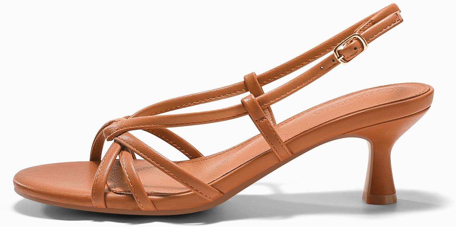 image:imageCoutgo Womens Strappy Sandals Slingback Kitten Low Heels Open Toe Buckle Strap Summer Party Dress ShoesBrown