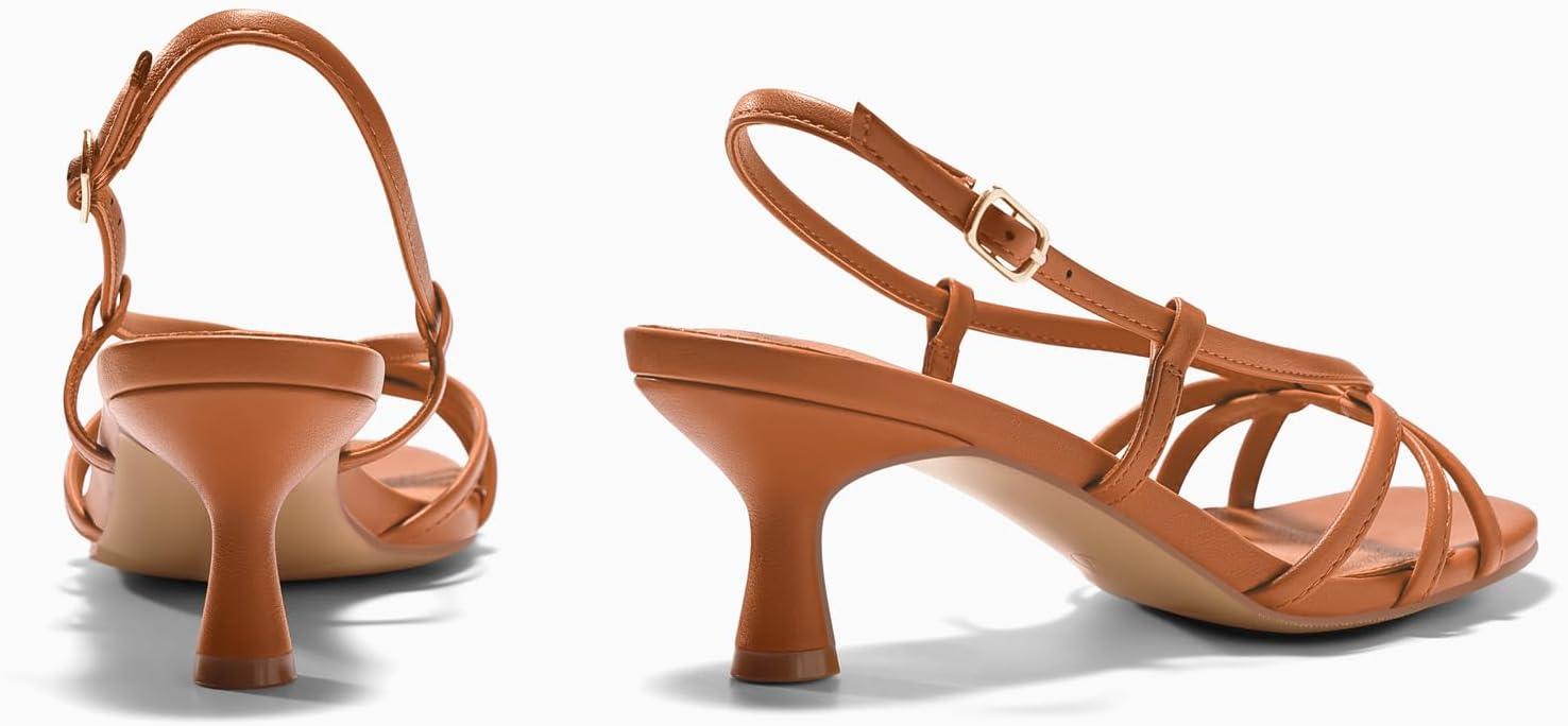 image:imageCoutgo Womens Strappy Sandals Slingback Kitten Low Heels Open Toe Buckle Strap Summer Party Dress ShoesBrown