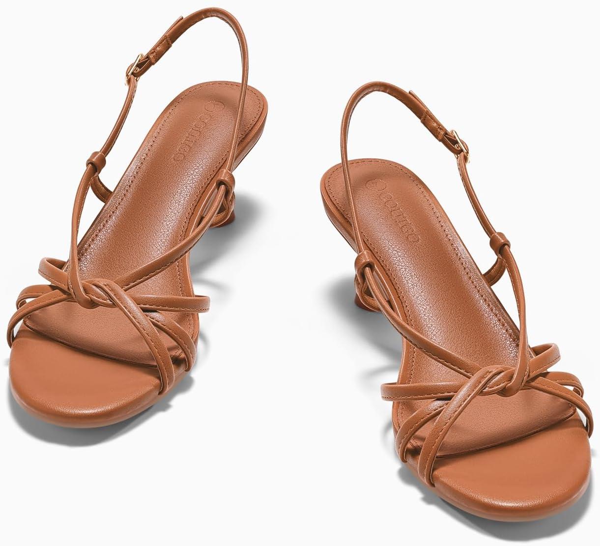 image:imageCoutgo Womens Strappy Sandals Slingback Kitten Low Heels Open Toe Buckle Strap Summer Party Dress ShoesBrown