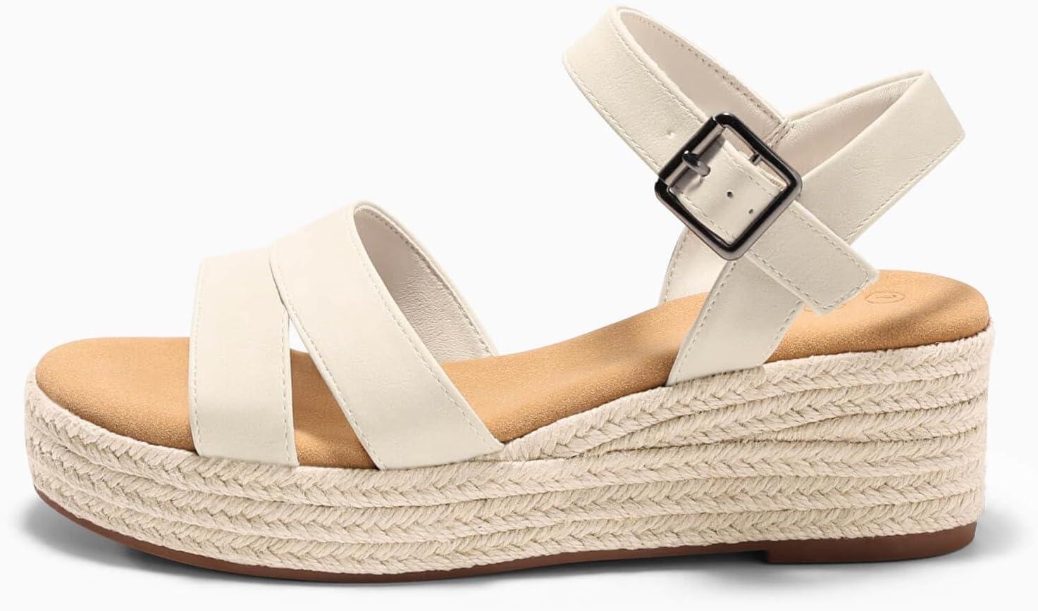 image:imageCoutgo Womens Wedge Platform Sandals Espadrille Heels Open Toe Buckle Ankle Strap Summer ShoesBeige
