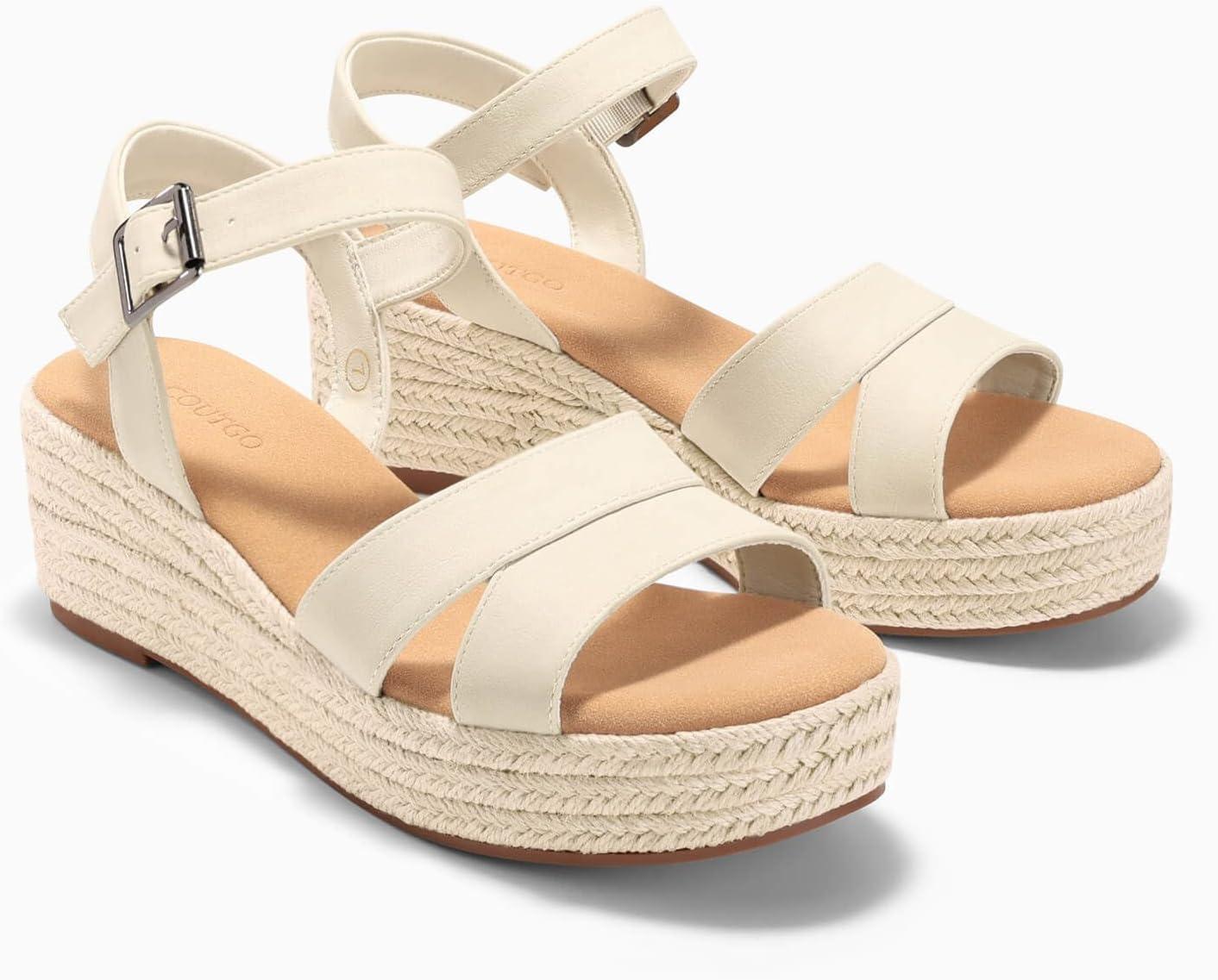 image:imageCoutgo Womens Wedge Platform Sandals Espadrille Heels Open Toe Buckle Ankle Strap Summer ShoesBeige