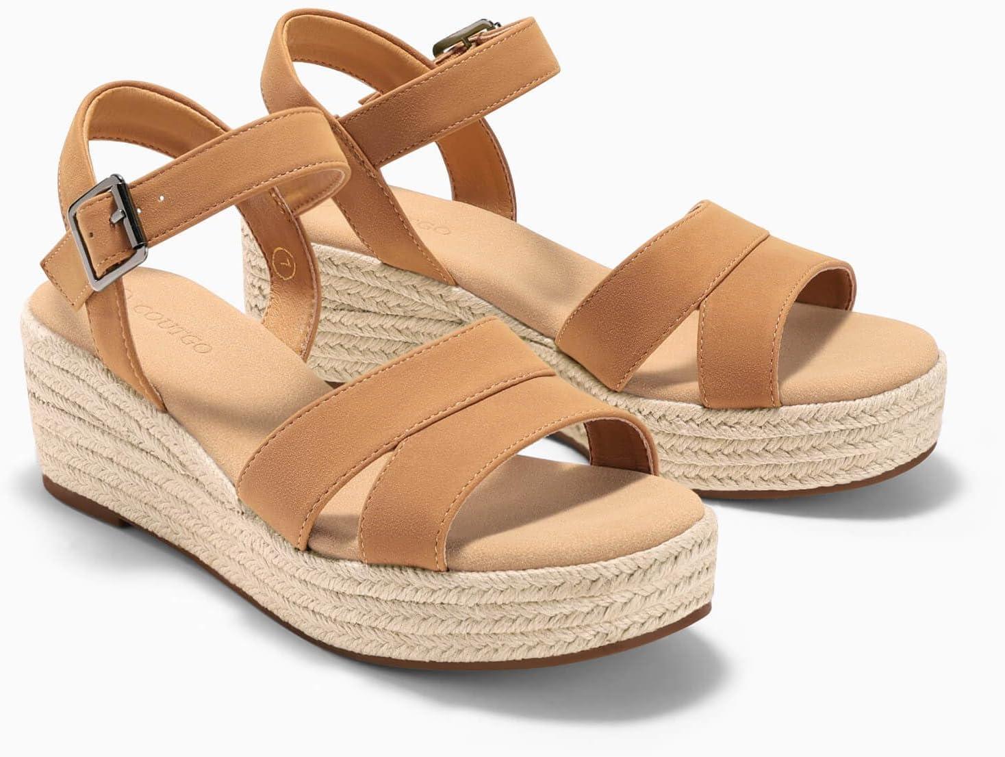 image:imageCoutgo Womens Wedge Platform Sandals Espadrille Heels Open Toe Buckle Ankle Strap Summer ShoesBrown
