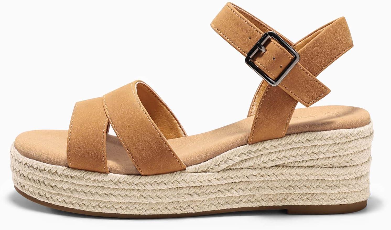 image:imageCoutgo Womens Wedge Platform Sandals Espadrille Heels Open Toe Buckle Ankle Strap Summer ShoesBrown