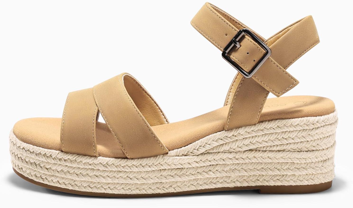 image:imageCoutgo Womens Wedge Platform Sandals Espadrille Heels Open Toe Buckle Ankle Strap Summer ShoesKhaki