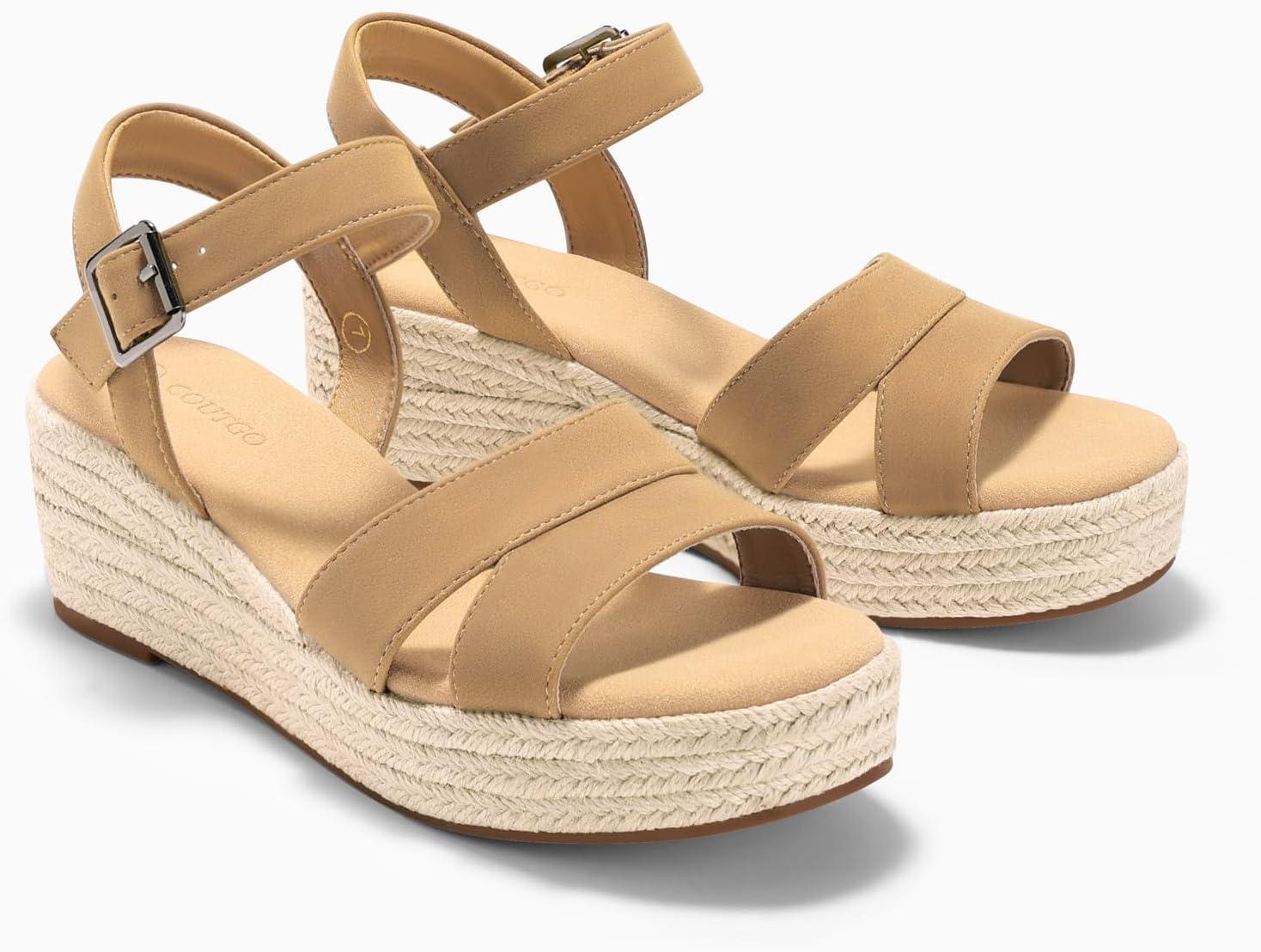 image:imageCoutgo Womens Wedge Platform Sandals Espadrille Heels Open Toe Buckle Ankle Strap Summer ShoesKhaki