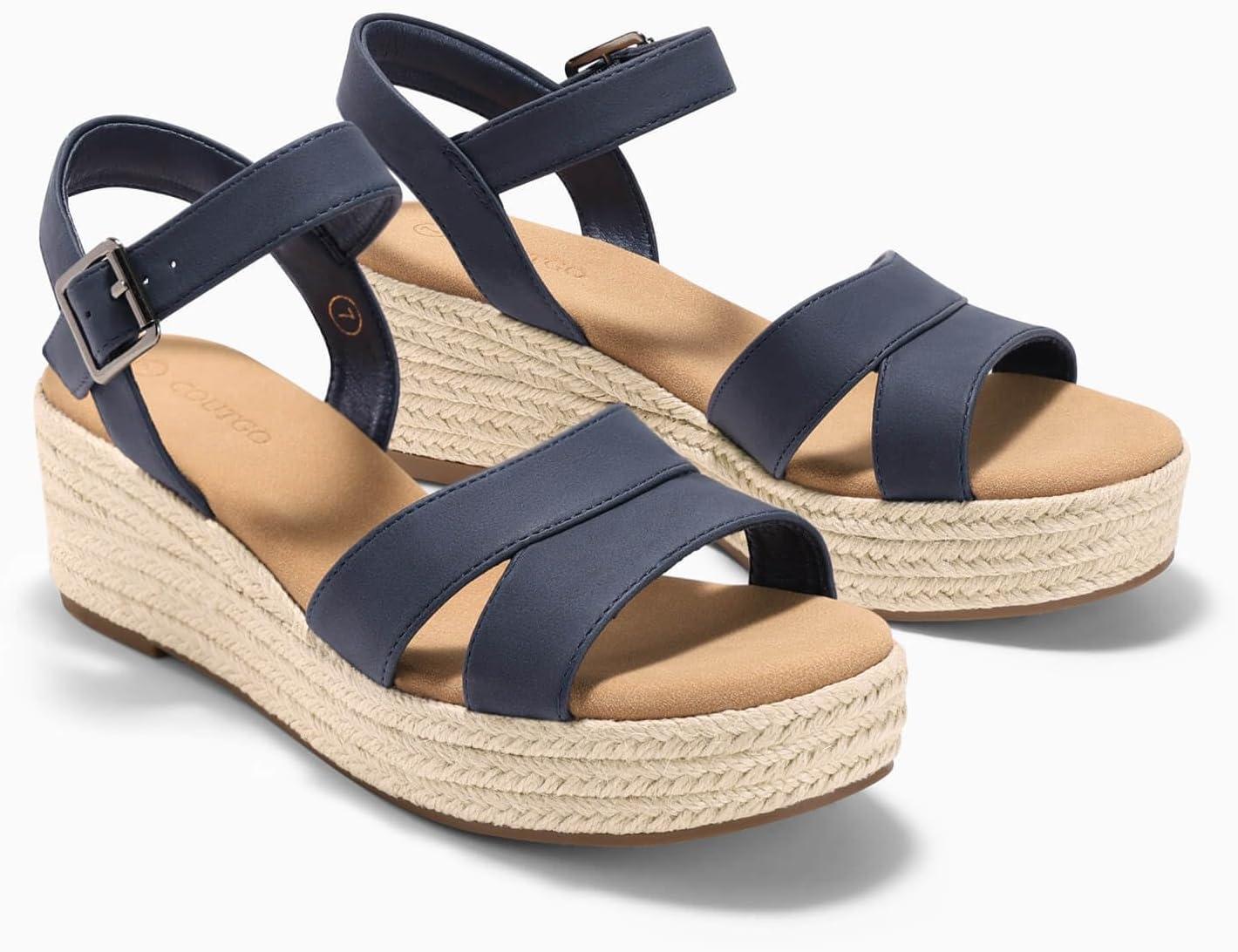 image:imageCoutgo Womens Wedge Platform Sandals Espadrille Heels Open Toe Buckle Ankle Strap Summer ShoesNavy