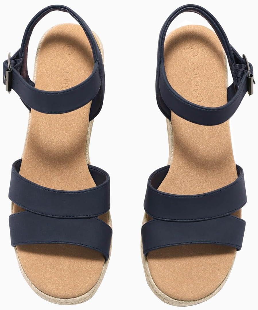 image:imageCoutgo Womens Wedge Platform Sandals Espadrille Heels Open Toe Buckle Ankle Strap Summer ShoesNavy