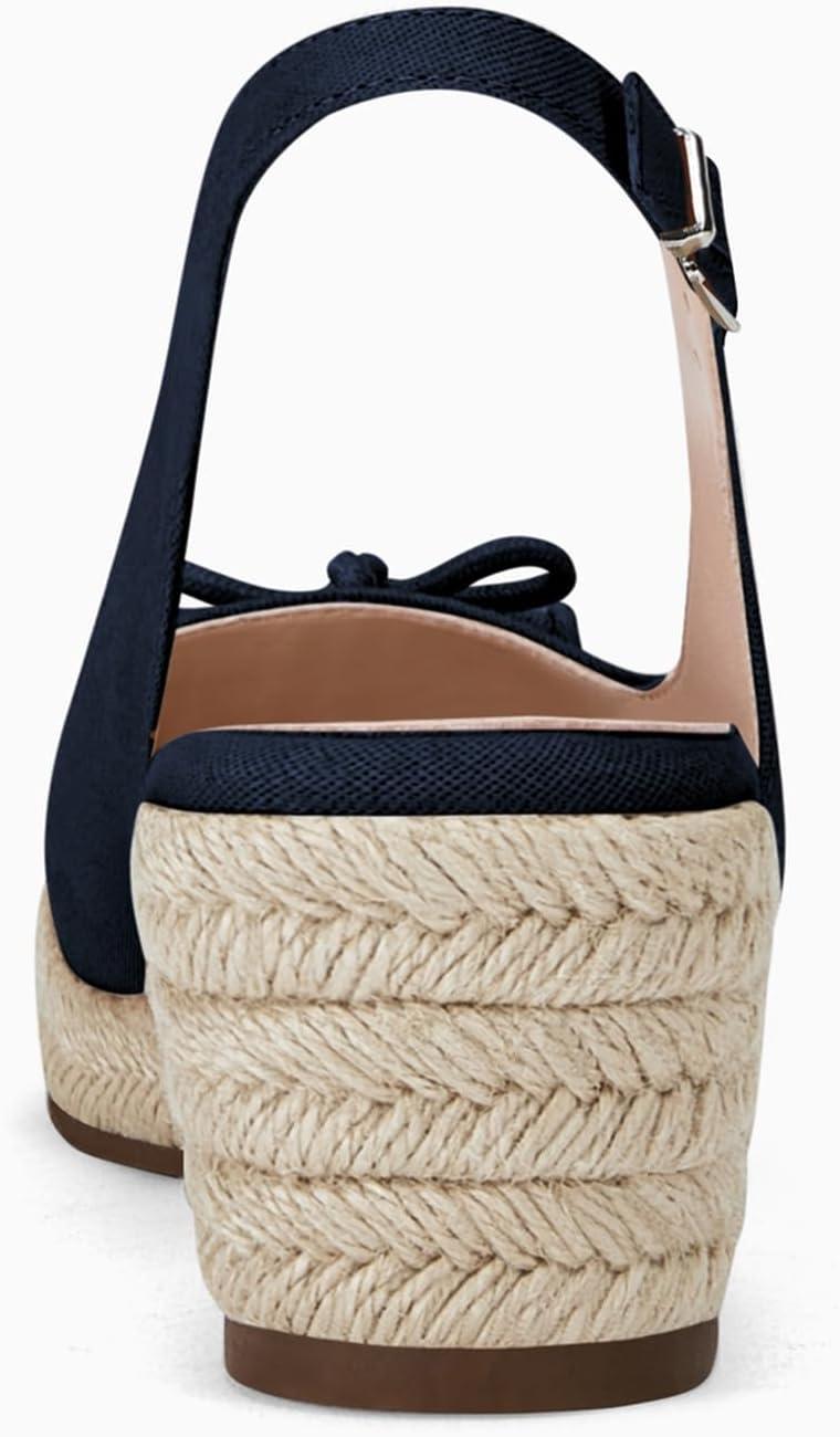 image:imageWomens Closed Toe Espadrilles Wedges Shoes Platform Slingback Mid Low Heel Canvas Bow Dress Sandals Navy Size 55