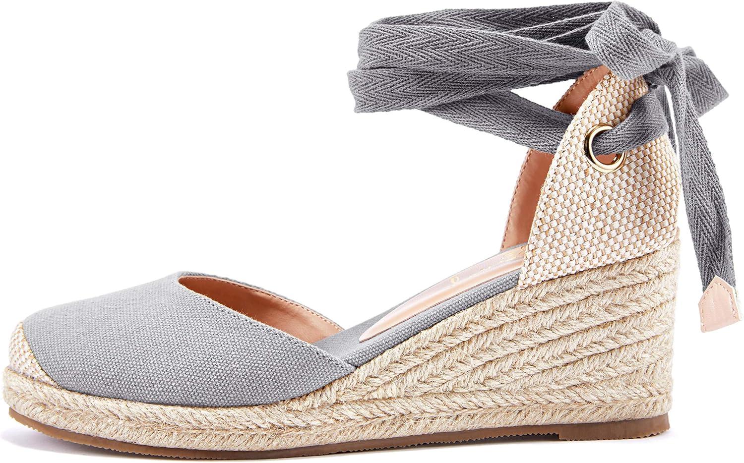 image:imageWomens Wedge Espadrille Sandals Closed Cap Toe Platform Lace Up Slingback Ankle Wrap Strap Sandals