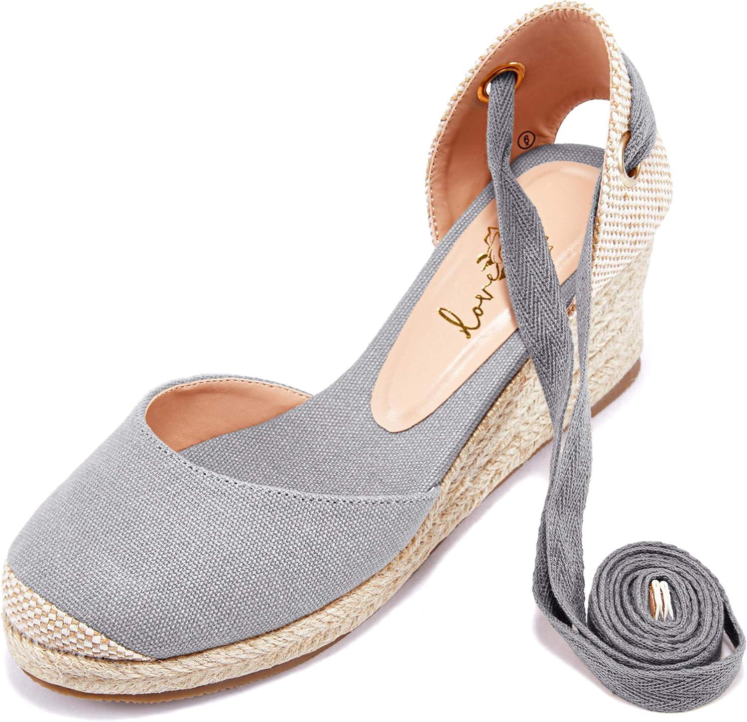 image:imageWomens Wedge Espadrille Sandals Closed Cap Toe Platform Lace Up Slingback Ankle Wrap Strap Sandals