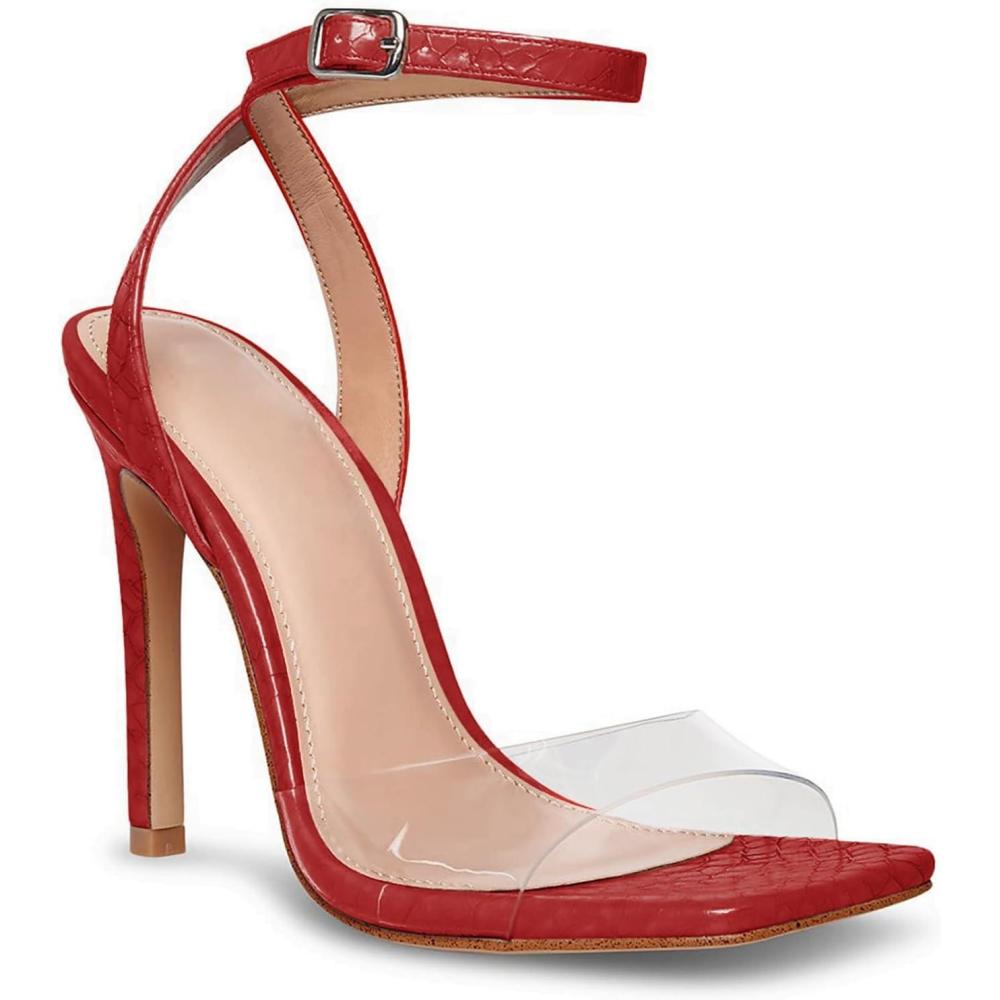 image:imageCoutgo Womens Clear Heels Sandals Square Toe Ankle Strap Sexy High Heeled Stiletto Dress ShoesRed