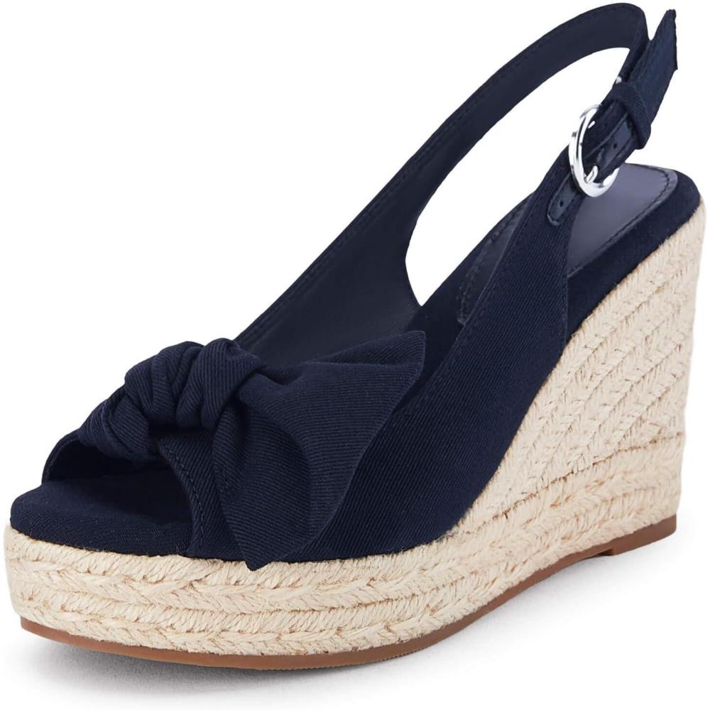 image:imageCoutgo Womens Peep Toe Wedges Heels Slingback Espadrille Platform Sandals Side Bowknot Casual ShoesNavy