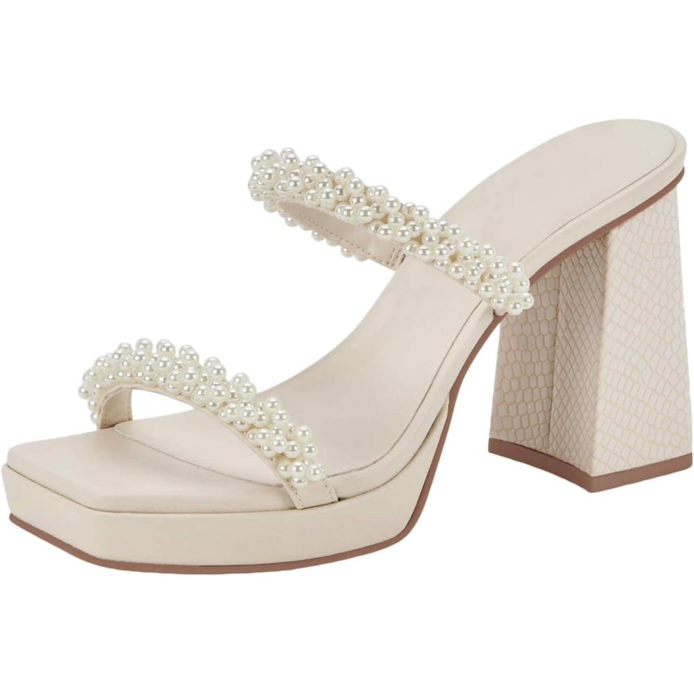 image:imageCoutgo Womens Platform Chunky High Heels Slip On Pearl Sandals Two Strap Square Toe Slides Dress Wedding Shoes Beige Size 8